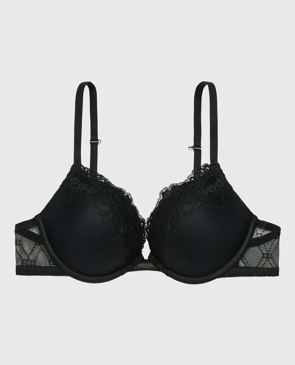 Plunge Opulent Lace Bra with Mesh Cups in Tuxedo Black