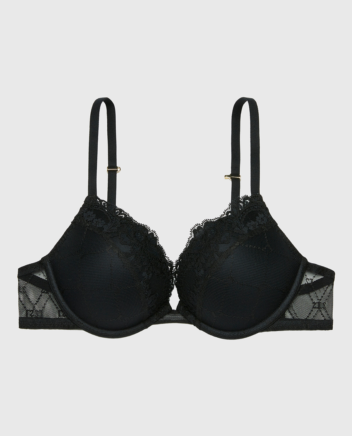 Plunge Opulent Lace Bra with Mesh Cups in Tuxedo Black