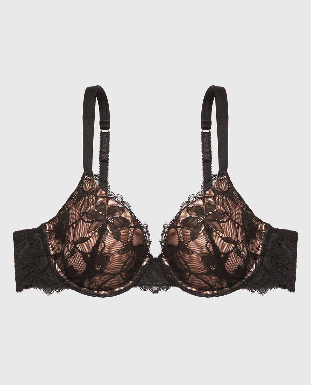 Lightly Lined Full Coverage Bra with Afterglow Lace in Tuxedo Black w/ Evening Blush